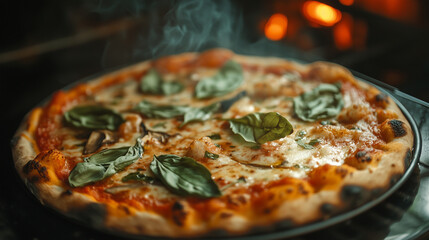 W piekarniku piecze się apetyczna, domowa pizza, której złocista skórka i roztopiony ser emanują kuszącym aromatem. Warzywa i dodatki są starannie ułożone, a ich kolory tworzą atrakcyjną kompozycję.