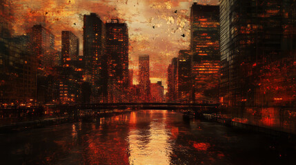 Obraz premium Fiery Cityscape: Post-Apocalyptic Urban River at Dusk