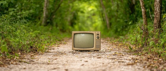  A worn-out television lies along a wooded dirt path