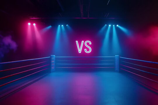 empty boxing ring with the word "VS" in lights between two columns on stage, red and blue neon light effects	