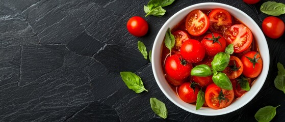  A black surface holds a bowl of cherry tomatoes and basil