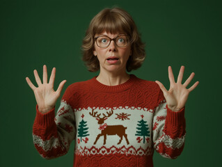 An older female model wearing an ugly christmas sweater, isolated on a green background. Expressive, hands up, surprised quirky holiday sweater theme with copy space - xmas portrait with 