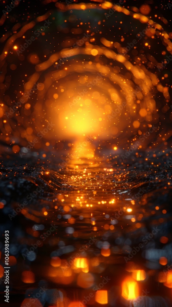 Poster a mesmerizing 3d render showcasing chaotic swirling particles illuminated by an orange light, reflec
