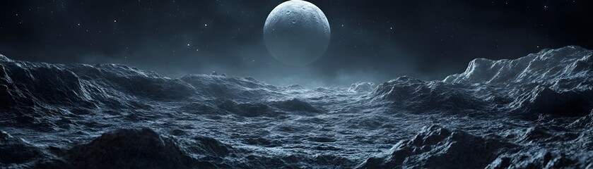 Fototapeta premium A Distant Moon and Cratered Landscape Under a Starry Sky