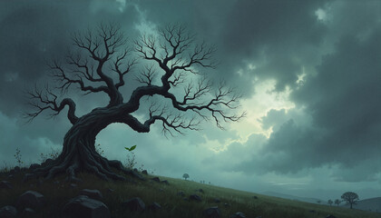 Gnarly old tree silhouette against dramatic cloudy sky in serene landscape
