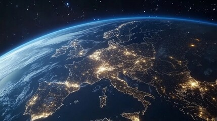 Obraz premium A high-definition satellite image captures Earth at night, illuminated by glowing city lights.