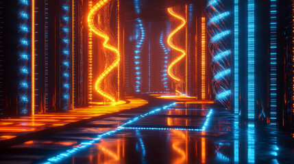 Cyberpunk Neon Cityscape: Orange and Blue Glowing Helix Structures, Futuristic 3D Rendering