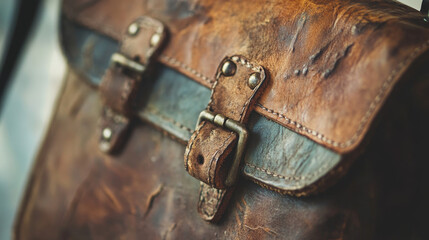Vintage Brown Leather Bag: Aged Texture, Rustic Buckles, Detailed Closeup