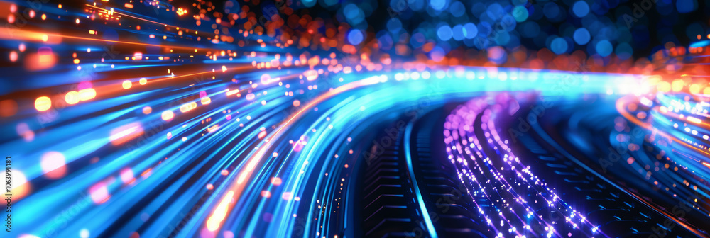 Poster vivid light trails create abstract tunnel effect. visualization of speed and dynamic motion in futur