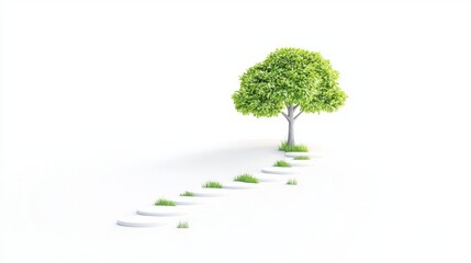 A serene green tree stands on white ground with stone steps leading towards it, symbolizing growth and tranquility.