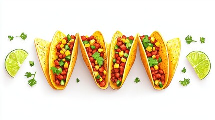 Colorful taco array filled with fresh ingredients, garnished with lime and cilantro, perfect for food lovers and culinary projects.