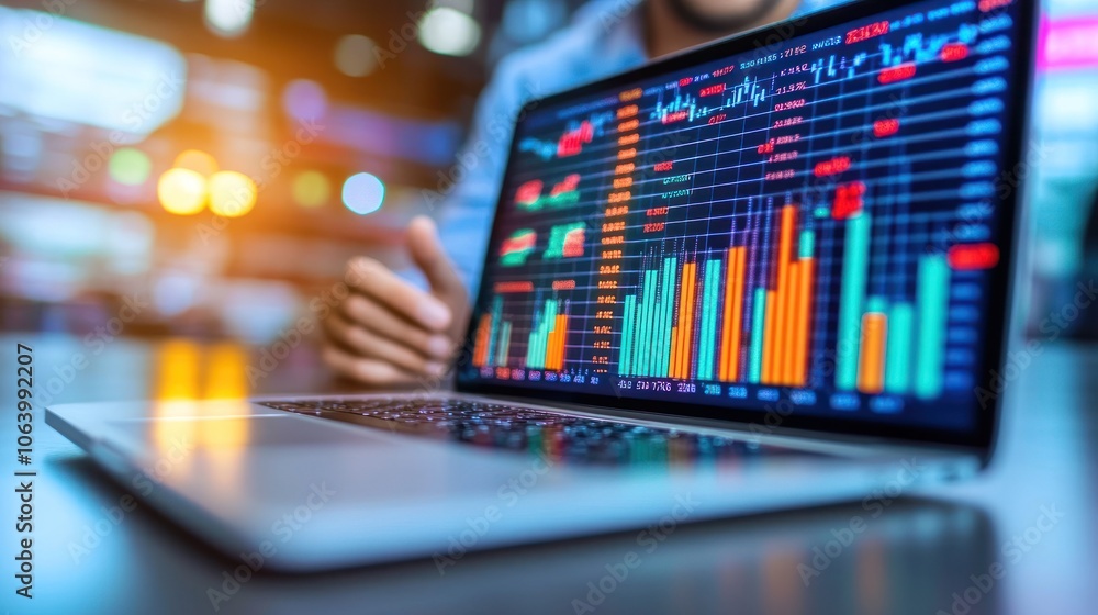 Poster a laptop displaying colorful stock market data and graphs for financial analysis.