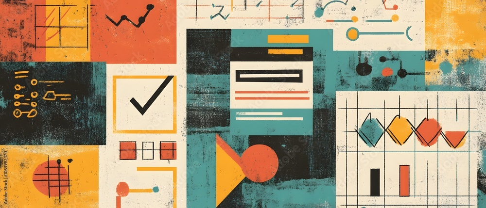 Poster abstract geometric design featuring colorful charts, graphs, and icons, perfect for analytics and da