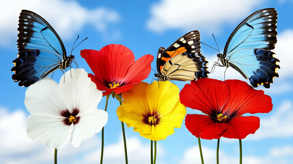 Colorful Butterflies Resting on Vibrant Flowers Under a Clear Blue Sky in a Beautiful Garden During a Sunny Day