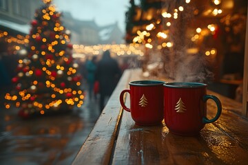 Two steaming red holiday mugs with a holiday design on a wooden table at a festive Christmas market outdoors. Christmas tree in the background
