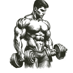 A hand-drawn sketch of a strongman athlete with dumbbell weight is presented as a vector illustration