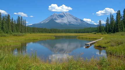 Serene Mountain Landscape Reflecting in a Clear Lake Under a Bright Blue Sky With Fluffy White Clouds in the Afternoon