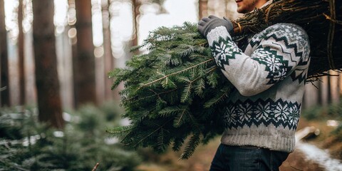 Man Carrying Christmas Tree in Snowy Outdoor Setting
