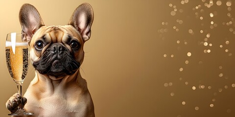 French Bulldog holding a champagne glass with golden sparkling bubbles. Long gold banner with empty copy space for New Year's Eve party.