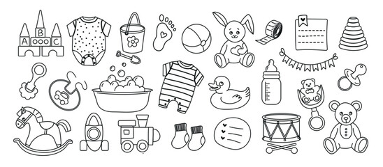 Baby hand drawn icons. Birth announcement doodle. Vector set newborn hand drawn elements.
