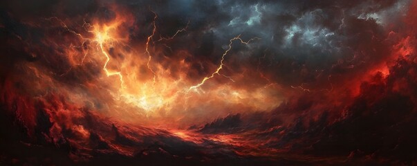 Dramatic sky with vivid lightning and fiery clouds, illustrating the power and beauty of nature's stormy display.