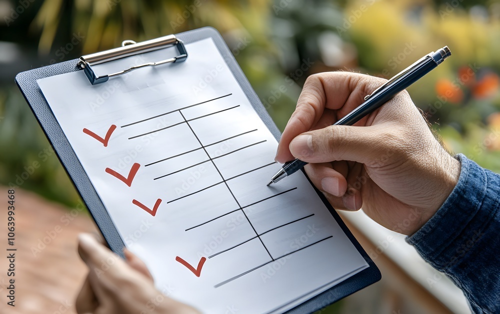 Poster a person checking tasks on a clipboard in a serene environment, symbolizing organization and product