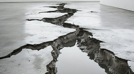 Cracked Concrete Slab, Earth Tones, Water Puddle, Urban Decay, Abstract Art
