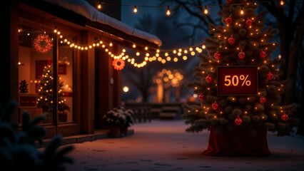 Festive Outdoor Christmas Celebration with String Lights and Large -50% Sale Poster for Customers