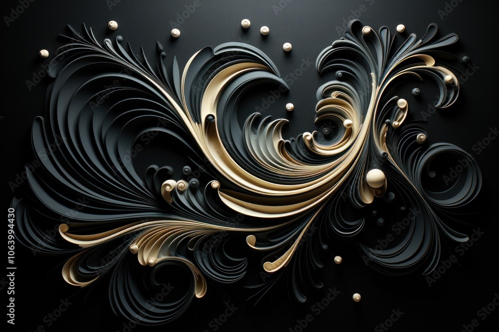 Poster abstract design featuring flowing patterns and orbs on a dark background.