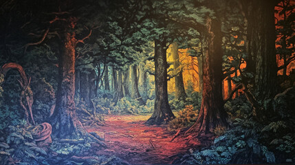 Obraz premium Enchanted Forest Mural: Colorful Path, Serene Woods, Artistic Painting