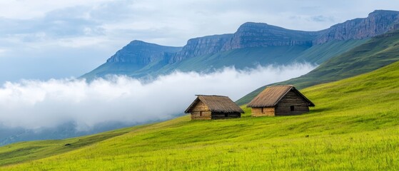 Obraz premium A couple of wooden huts sitting on top of a lush green hillside