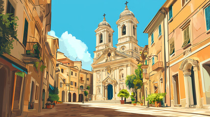 Fototapeta premium Historic baroque church facade with ornate stone carvings and bell towers overlooking tranquil cobblestone piazza in charming italian town. Italian Renaissance Piazza. Illustration