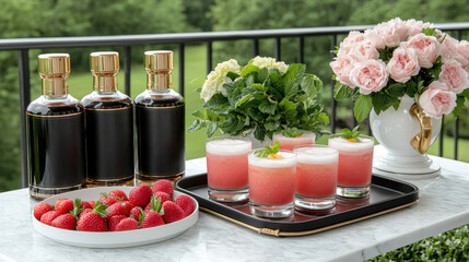 Refreshing summer drinks with fresh strawberries and elegant floral arrangement on patio