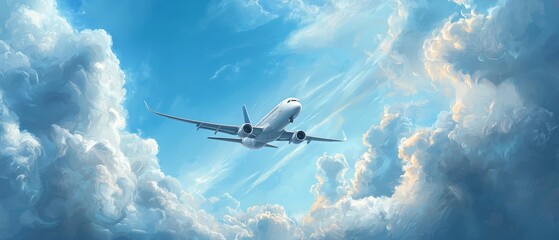 A plane flying through a cloudy blue sky