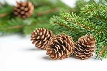 green christmas tree branch with cones, on white background, Season greetings concept