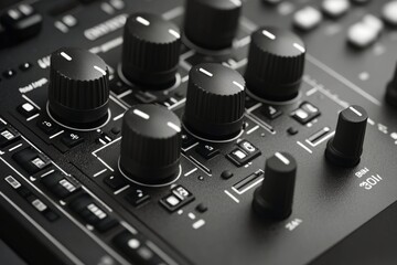 Close up view of audio mixing console with knobs and controls during music production session