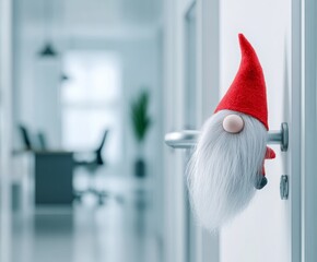 Fototapeta premium a Christmas gnome is on the door handle of a modern office space. Season greetings concept