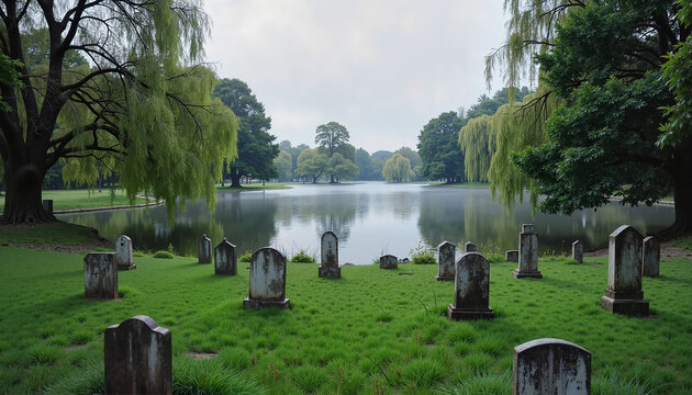 A quiet cemetery by a serene lake, surrounded by weeping willows in morning mist