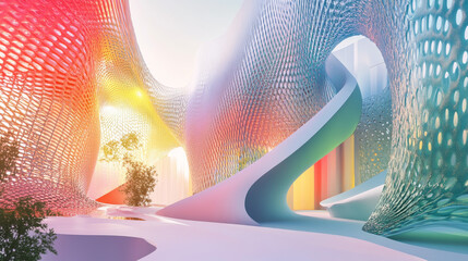 Futuristic Architecture: Bio-Integrated Design, Colorful Gradient Facade, 3D Rendering