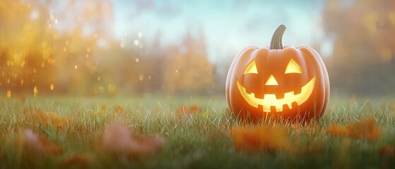 Naklejka premium A jack-o-lantern sitting in the middle of a grassy field