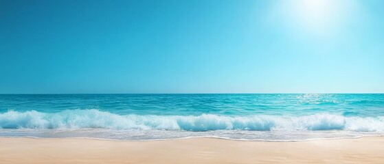 A beach scene with a blue sky and white sand