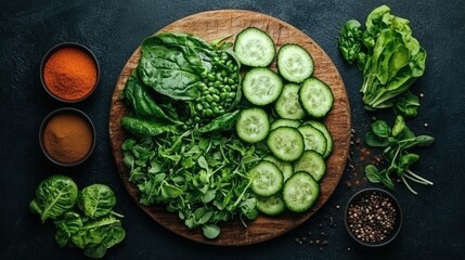 Obraz premium Fresh green vegetables and spices on a rustic dark table