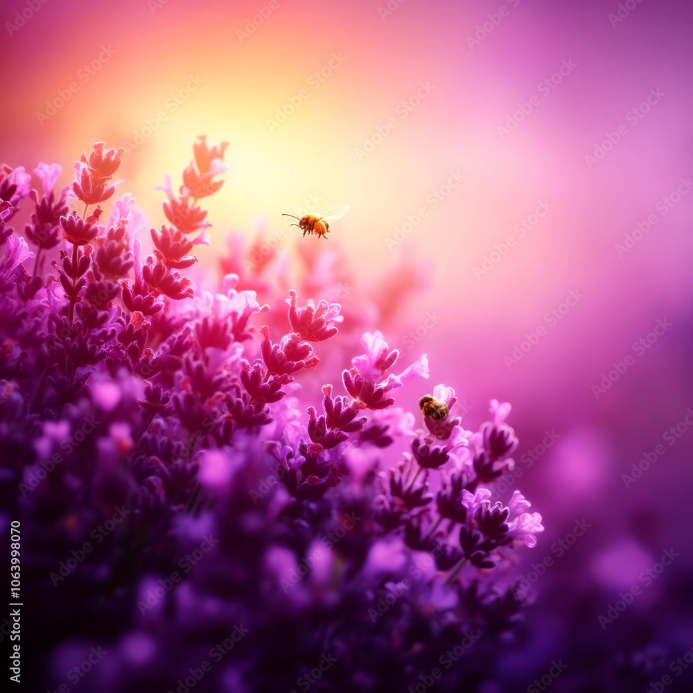 Wall mural Two bees pollinating lavender flowers in a field at sunset.