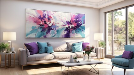 Modern living room with art, cozy furniture, and natural light.