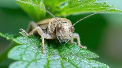 Naklejka premium Close-up of a cricket on a leaf in a vibrant green garden setting