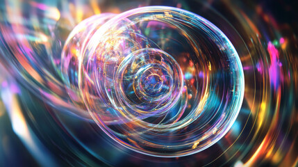 Abstract Colorful Swirling Sphere Digital Art: Iridescent Rings and Glowing Nebula