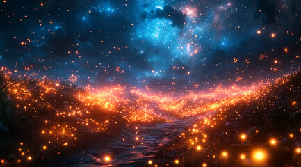 Fototapeta premium Ethereal Dance of Glowing Fireflies in Starry Fantasy Night