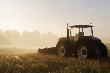 Fototapeta premium Early morning serenity with tractor in misty field landscape