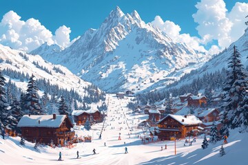 Fototapeta premium Winter vacation at a ski resort, AI generated