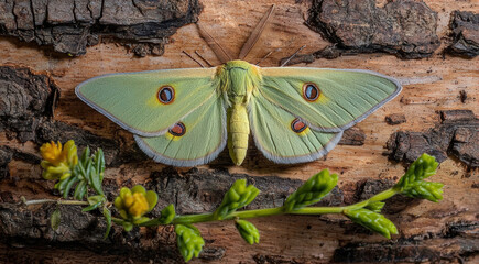 Vibrant green moth resting on tree bark with yellow flowers